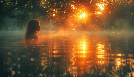 A beautiful girl walks into a forest lake in the rays of the rising sun. High quality illustrationの素材