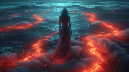 A mysterious girl in a dress stands in the water, which is enveloped in a mystical light. High quality illustrationの素材