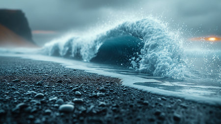 Crystal clear blue ocean waves on a black beach. Colorful contrasting surf. High quality illustrationの素材