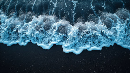 Crystal clear blue ocean waves on a black beach. Colorful contrasting surf. High quality illustrationの素材