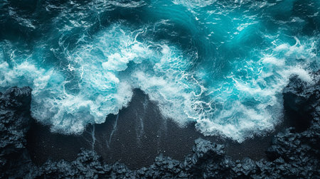 Crystal clear blue ocean waves on a black beach. Colorful contrasting surf. High quality illustrationの素材