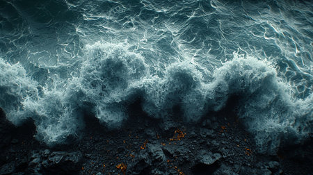 Crystal clear blue ocean waves on a black beach. Colorful contrasting surf. High quality illustrationの素材