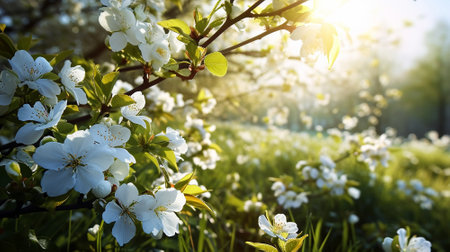 Spring landscape. Fresh foliage, grass. Nature comes to life. spring background for the product. High quality illustrationの素材