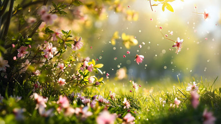 Spring landscape. Fresh foliage, grass. Nature comes to life. spring background for the product. High quality illustrationの素材
