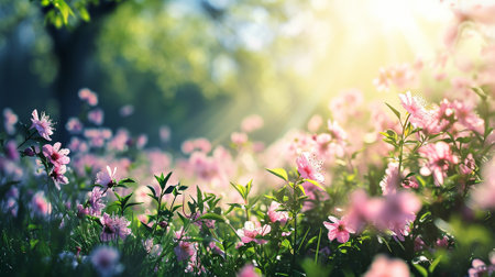 Spring landscape. Fresh foliage, grass. Nature comes to life. spring background for the product. High quality illustrationの素材