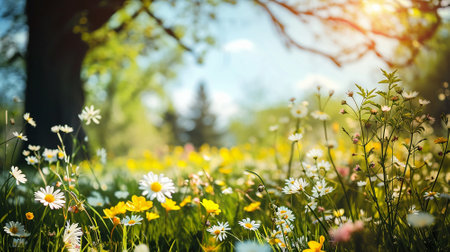 Spring landscape. Fresh foliage, grass. Nature comes to life. spring background for the product. High quality illustrationの素材
