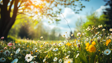 Spring landscape. Fresh foliage, grass. Nature comes to life. spring background for the product. High quality illustrationの素材