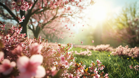 Spring landscape. Fresh foliage, grass. Nature comes to life. spring background for the product. High quality illustrationの素材