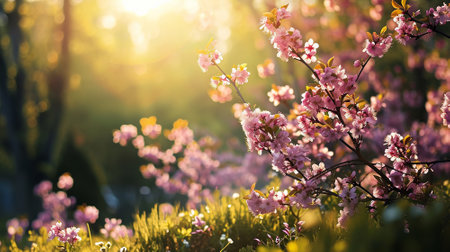 Spring landscape. Fresh foliage, grass. Nature comes to life. spring background for the product. High quality illustrationの素材