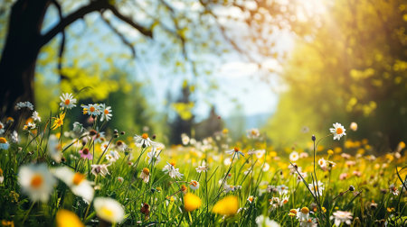 Spring landscape. Fresh foliage, grass. Nature comes to life. spring background for the product. High quality illustrationの素材