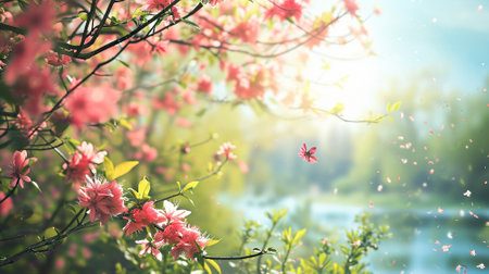 Spring landscape. Fresh foliage, grass. Nature comes to life. spring background for the product. High quality illustrationの素材