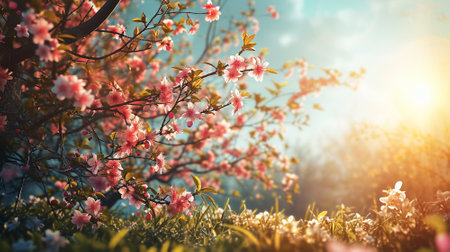 Spring landscape. Fresh foliage, grass. Nature comes to life. spring background for the product. High quality illustrationの素材