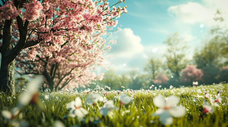 Spring landscape. Fresh foliage, grass. Nature comes to life. spring background for the product. High quality illustrationの素材