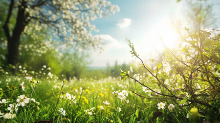 Spring landscape. Fresh foliage, grass. Nature comes to life. spring background for the product. High quality illustrationの素材