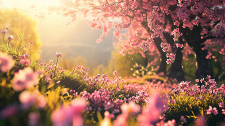 Spring landscape. Fresh foliage, grass. Nature comes to life. spring background for the product. High quality illustrationの素材