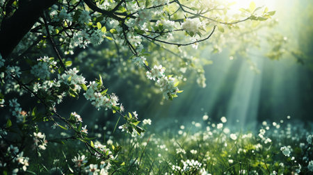 Spring landscape. Fresh foliage, grass. Nature comes to life. spring background for the product. High quality illustrationの素材