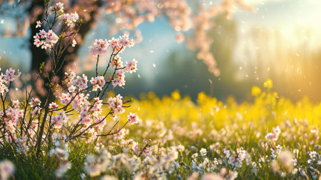 Spring landscape. Fresh foliage, grass. Nature comes to life. spring background for the product. High quality illustrationの素材