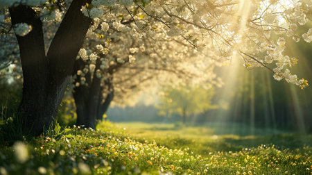 Spring landscape. Fresh foliage, grass. Nature comes to life. spring background for the product. High quality illustrationの素材