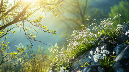 Spring landscape. Fresh foliage, grass. Nature comes to life. spring background for the product. High quality illustrationの素材