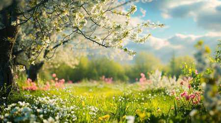 Spring landscape. Fresh foliage, grass. Nature comes to life. spring background for the product. High quality illustrationの素材