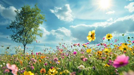 Spring landscape. Fresh foliage, grass. Nature comes to life. spring background for the product. High quality illustrationの素材