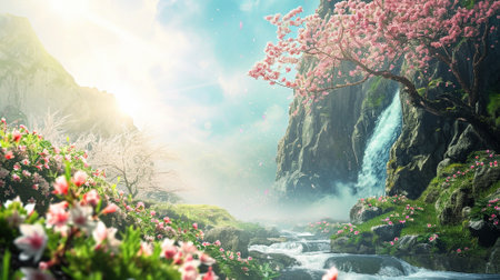 Spring landscape. Fresh foliage, grass. Nature comes to life. spring background for the product. High quality illustrationの素材