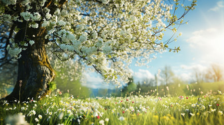 Spring landscape. Fresh foliage, grass. Nature comes to life. spring background for the product. High quality illustrationの素材