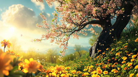 Spring landscape. Fresh foliage, grass. Nature comes to life. spring background for the product. High quality illustrationの素材