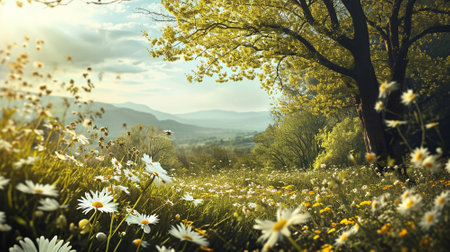 Spring landscape. Fresh foliage, grass. Nature comes to life. spring background for the product. High quality illustrationの素材