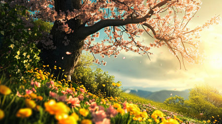 Spring landscape. Fresh foliage, grass. Nature comes to life. spring background for the product. High quality illustrationの素材