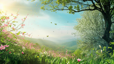Spring landscape. Fresh foliage, grass. Nature comes to life. spring background for the product. High quality illustrationの素材