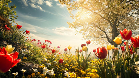 Spring landscape. Fresh foliage, grass. Nature comes to life. spring background for the product. High quality illustrationの素材