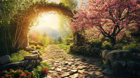 Spring landscape. Fresh foliage, grass. Nature comes to life. spring background for the product. High quality illustrationの素材