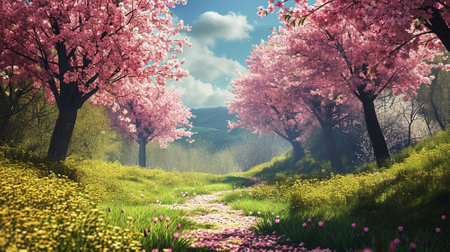 Spring landscape. Fresh foliage, grass. Nature comes to life. spring background for the product. High quality illustrationの素材