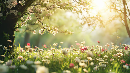 Spring landscape. Fresh foliage, grass. Nature comes to life. spring background for the product. High quality illustrationの素材