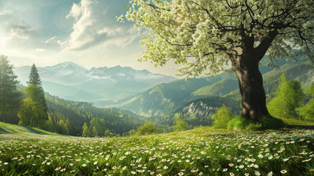 Spring landscape. Fresh foliage, grass. Nature comes to life. spring background for the product. High quality illustrationの素材