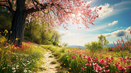 Spring landscape. Fresh foliage, grass. Nature comes to life. spring background for the product. High quality illustrationの素材