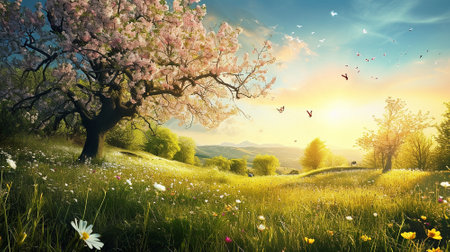 Spring landscape. Fresh foliage, grass. Nature comes to life. spring background for the product. High quality illustrationの素材