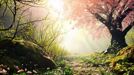 Spring landscape. Fresh foliage, grass. Nature comes to life. spring background for the product. High quality illustrationの素材