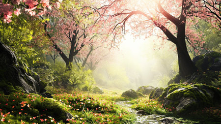 Spring landscape. Fresh foliage, grass. Nature comes to life. spring background for the product. High quality illustrationの素材