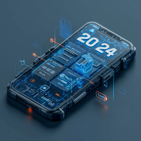 The emblem of 2024. The symbol of the year of technology. The inscription on the smartphone. High quality photoの素材