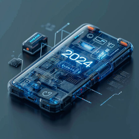 The emblem of 2024. The symbol of the year of technology. The inscription on the smartphone. High quality photoの素材