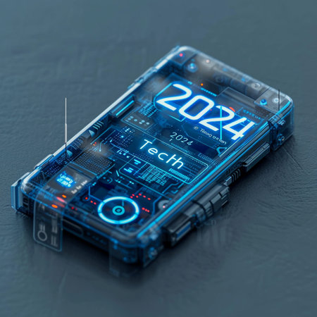 The emblem of 2024. The symbol of the year of technology. The inscription on the smartphone. High quality photoの素材