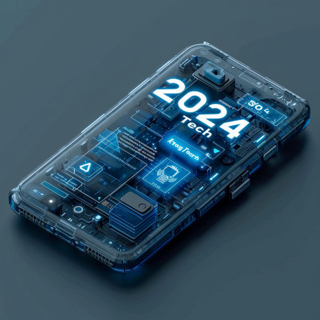 The emblem of 2024. The symbol of the year of technology. The inscription on the smartphone. High quality photoの素材