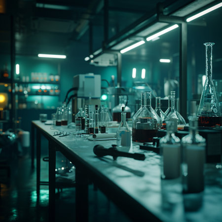 A scientific medical laboratory with a variety of flasks, reagents, vessels, liquids and equipment. Scientific breakthrough, research. High quality illustrationの素材
