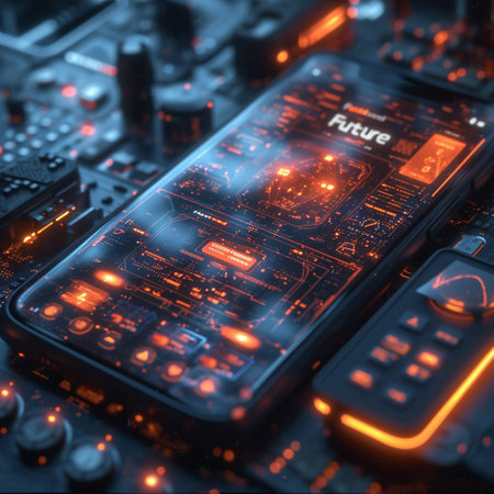 The emblem of 2024. Future. The symbol of the year of technology. The inscription on the smartphone. High quality photoの素材