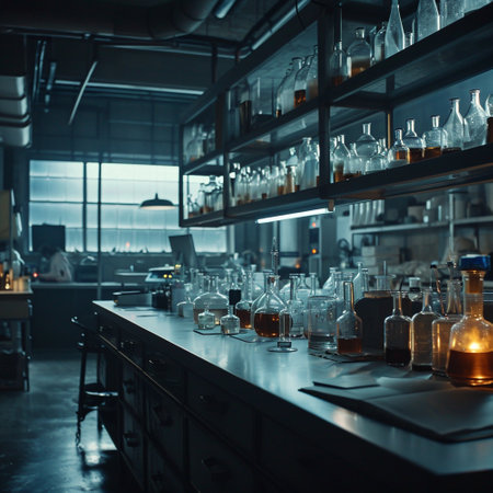 A scientific medical laboratory with a variety of flasks, reagents, vessels, liquids and equipment. Scientific breakthrough, research. High quality illustrationの素材