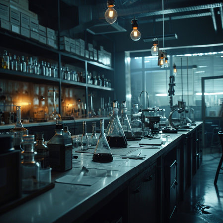 A scientific medical laboratory with a variety of flasks, reagents, vessels, liquids and equipment. Scientific breakthrough, research. High quality illustrationの素材