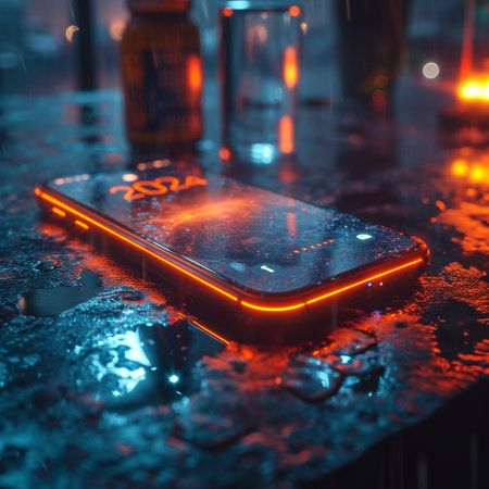 The emblem of 2024. Future. The symbol of the year of technology. The inscription on the smartphone. High quality photoの素材