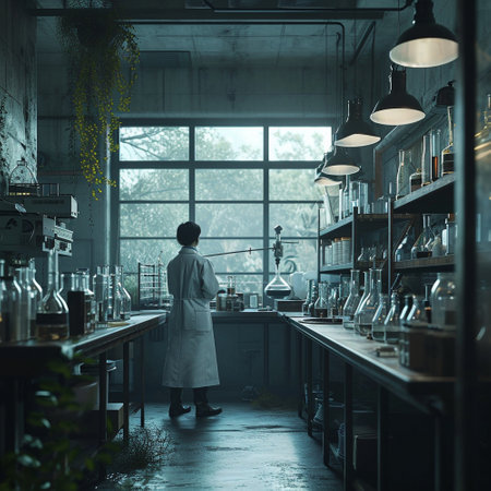 A scientific medical laboratory with a variety of flasks, reagents, vessels, liquids and equipment. Scientific breakthrough, research. High quality illustrationの素材
